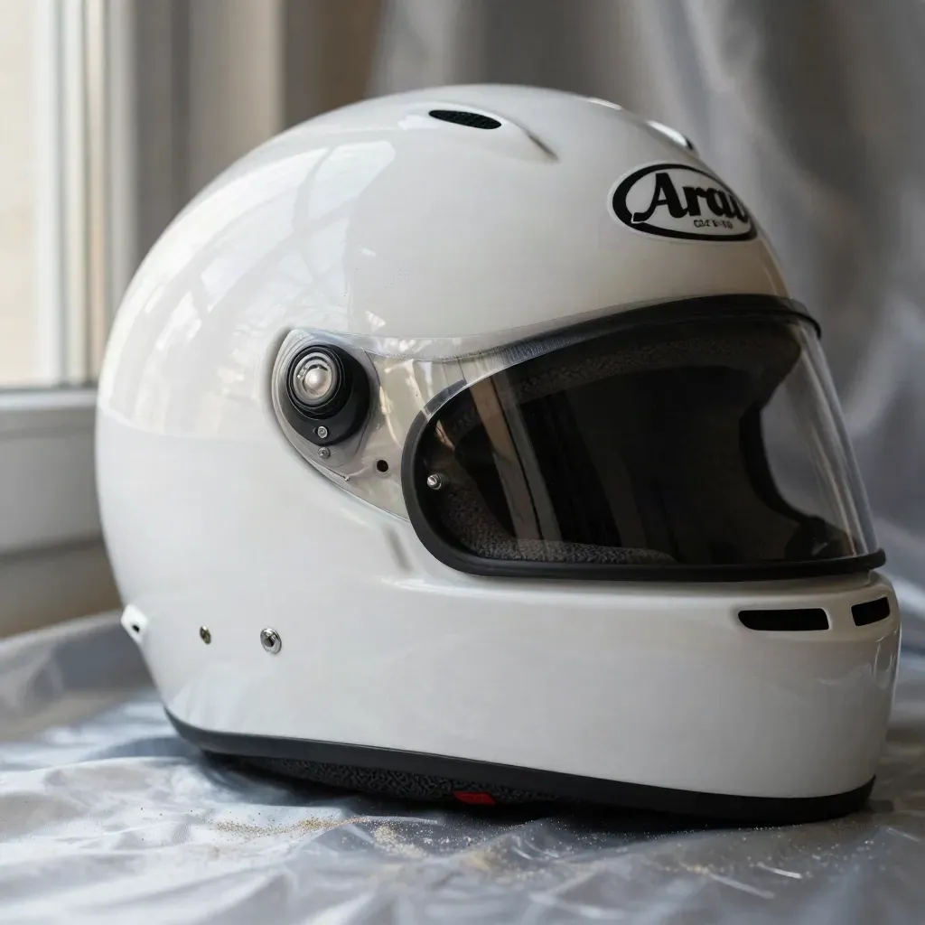 Gloss white junior kart helmet nestled in off-white fabric, with spare padding and a bright rim light.
