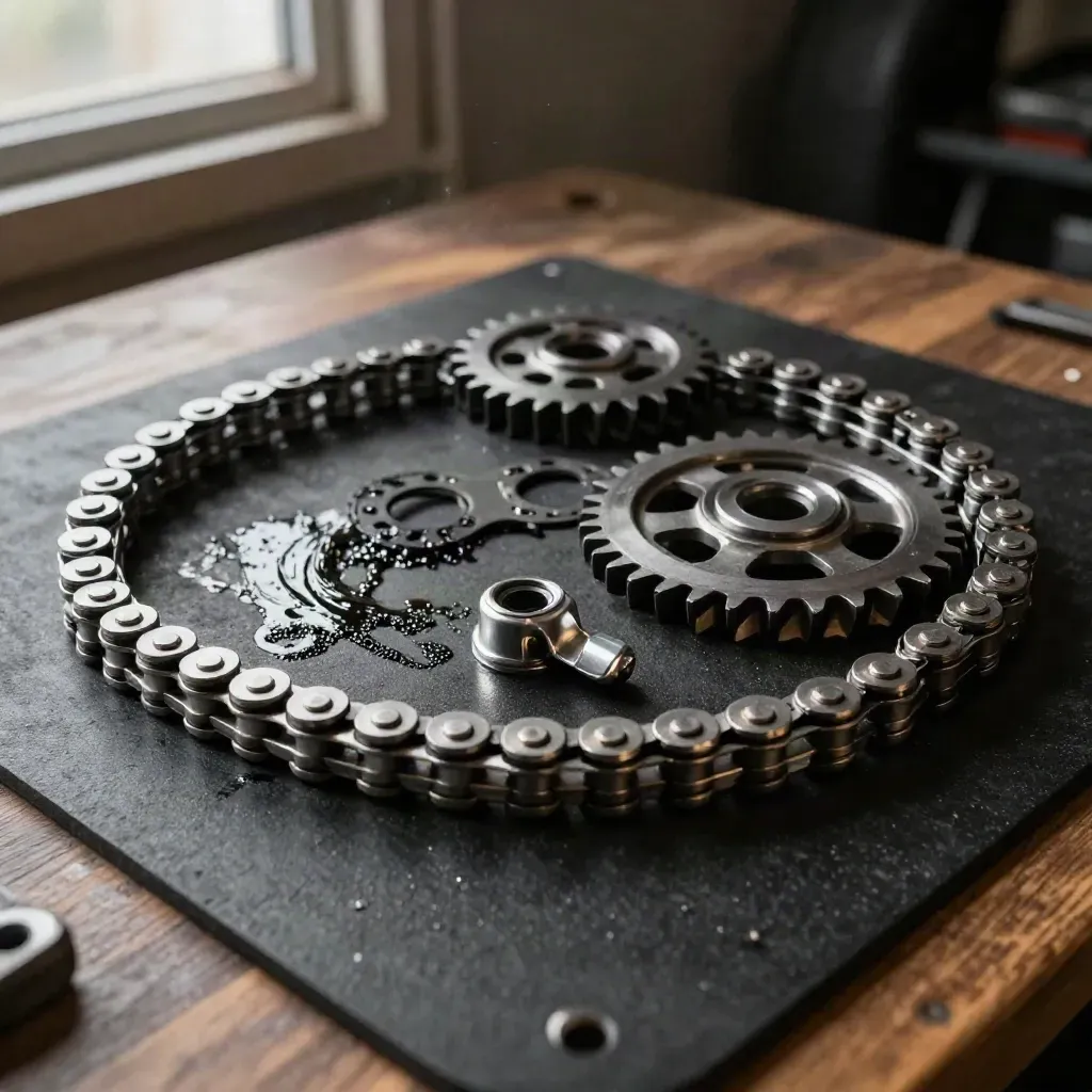 Broken kart chain kit with sprocket and master link on a dark workshop bench.