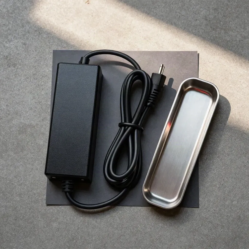 Overhead flatlay of a kart charger, coiled cable, plug head and power brick on steel tray.