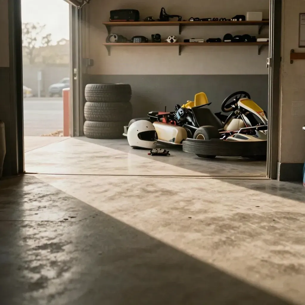 Sunlit kart garage with blurred chassis, tires, helmet, and parts above a calm concrete floor.