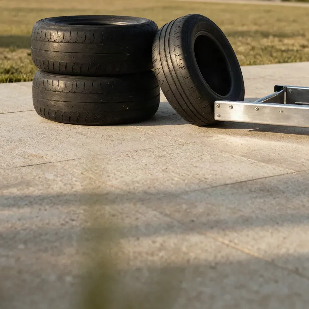 Travertine backdrop with stacked kart tires and a brushed steel kart edge in warm morning light